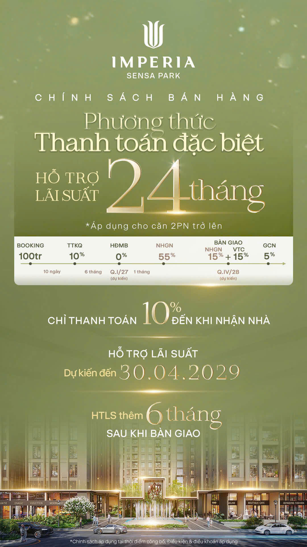 Chính sách bán hàng phương thức thanh toán đắc biệt hỗ trợ lãi suất 24 tháng cho căn 2pn trở lên