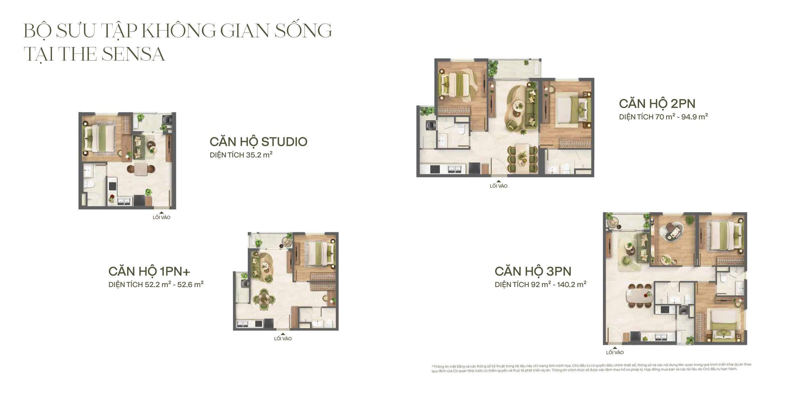 Các loại hình căn hộ điển hình tại dự án với diện tích đa dạng từ studio 35,2m2 đến căn hộ 3pn diện tích 140,2 m2