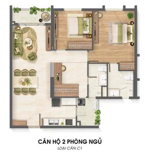 Layout căn hộ 2 phòng ngủ loại C1