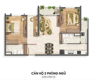 Layout căn hộ 2 phòng ngủ loại C3