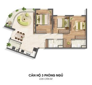 Layout căn hộ 3 phòng ngủ loại D2