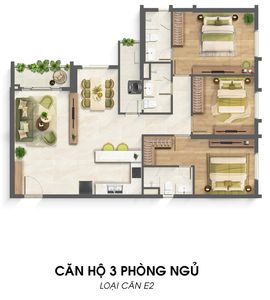 Layout căn hộ 3 phòng ngủ loại E2
